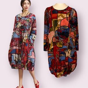 Minibee Boho Abstract Print Midi Dress Linen Cotton Size Large